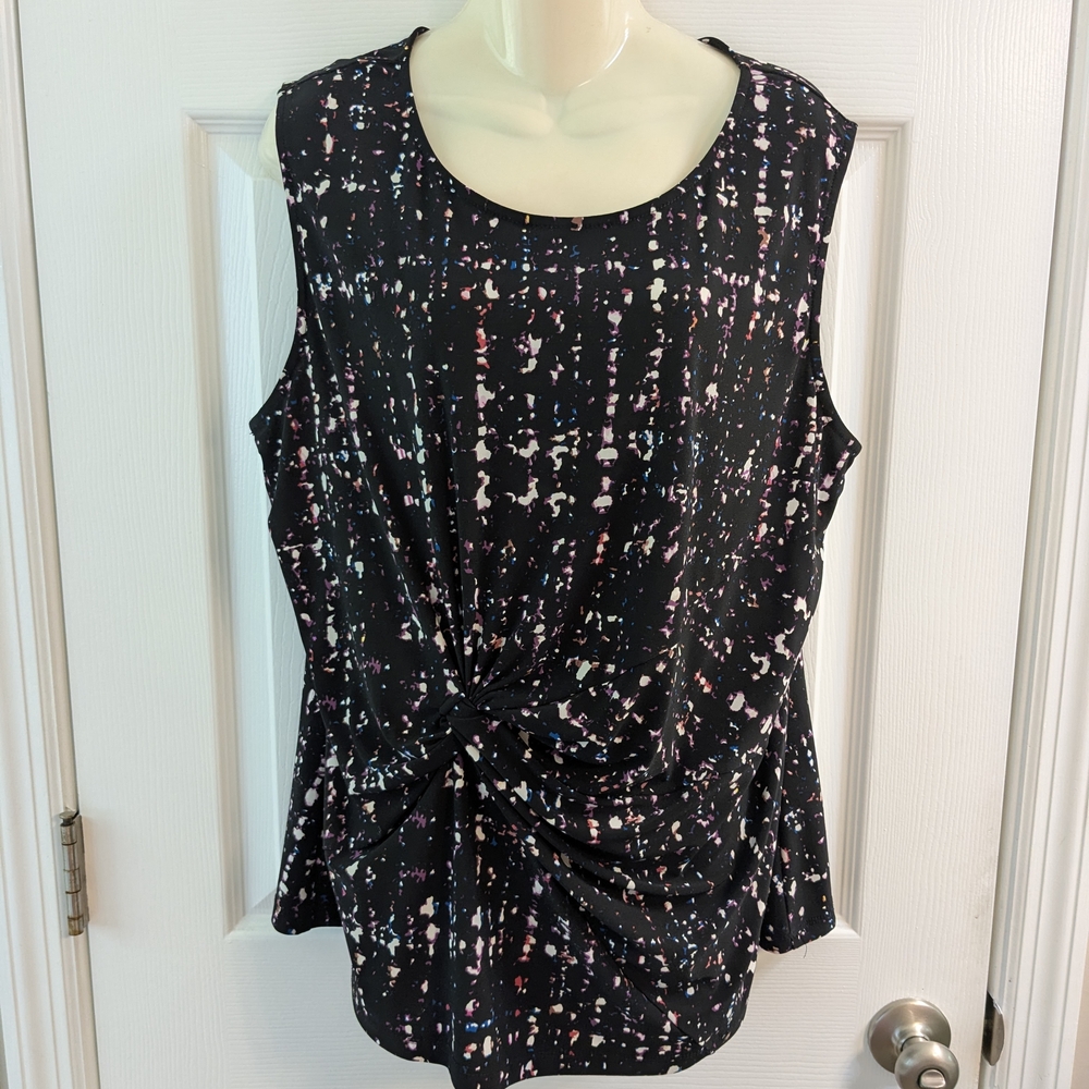 DKNY Black Multicolored Pattern Fitted Ruched Sleeveless Women's Top Plus XXL